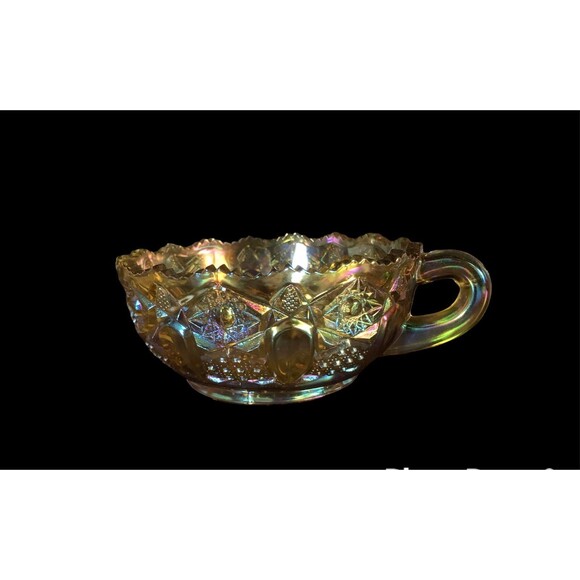 Vintage L.E. Smith Amber Marigold Iridescent Glass Quintec Pattern Nappy Handled - Picture 2 of 2